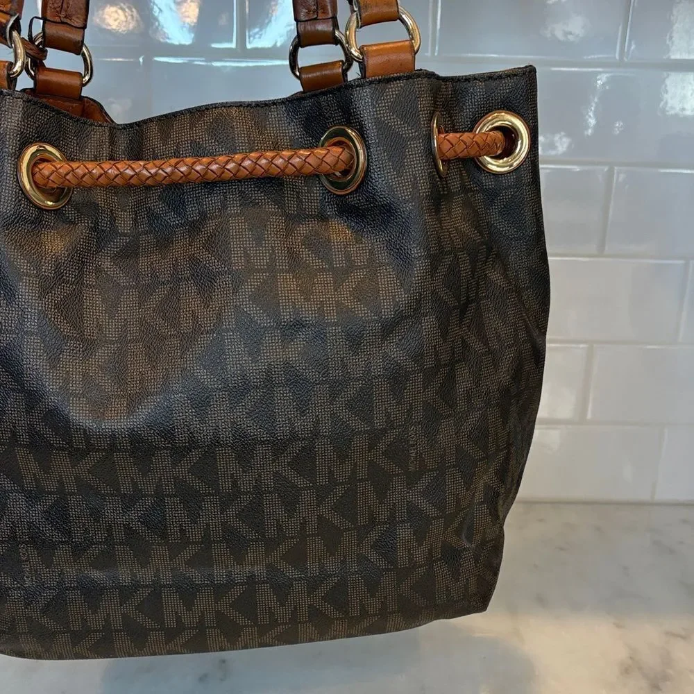Michael Kors Bag Purse Handbag Leather Marina Signature Drawstring Tote Shoulder